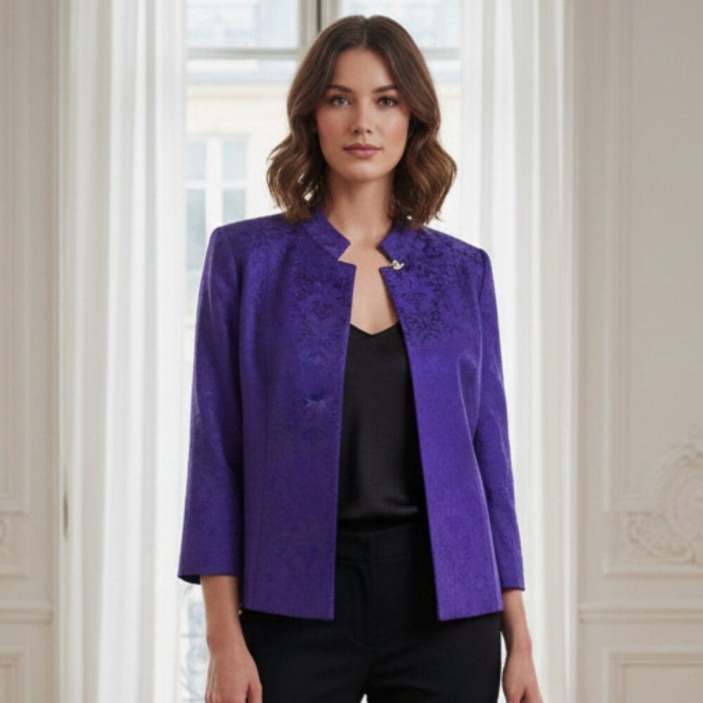 Kim Rogers Purple Jacquard Mandarin Collar Jacket Size 12P Woven Blazer Petite